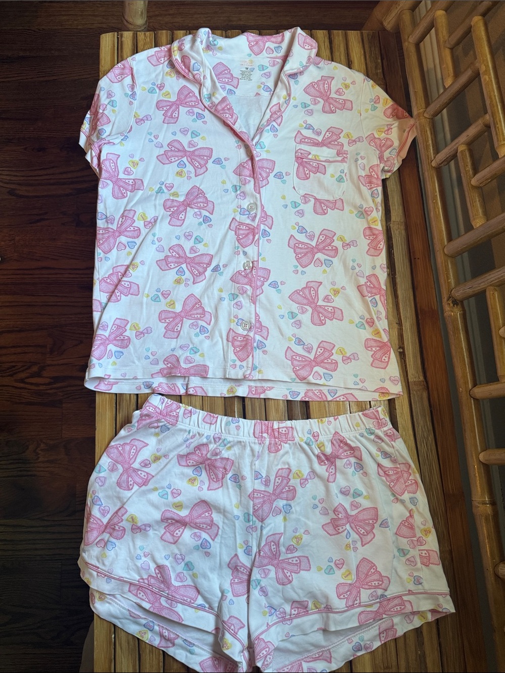 💝 M Roller Rabbit Pink Bow Heart Print Short Polo Pajama Set LoveShackFancy